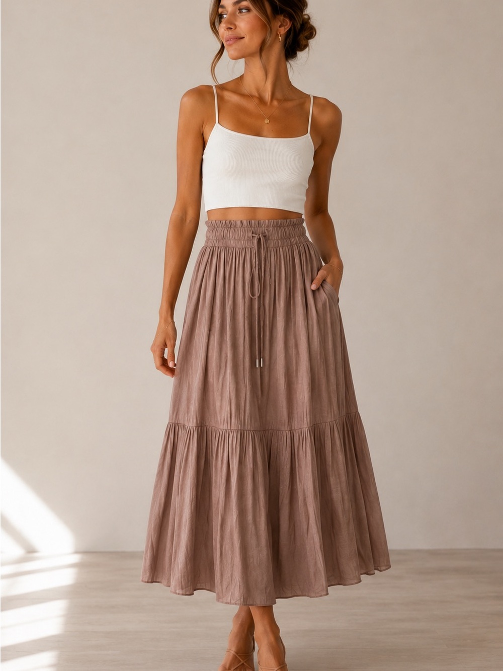 Mason d’ Amelia Smocked Waist Maxi Skirt in Brown.